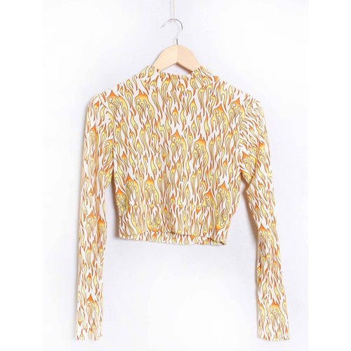 Biker Flame Mock Neck Long Sleeve Crop Top | Bold Printed Fitted Top [Sizes S–XL]