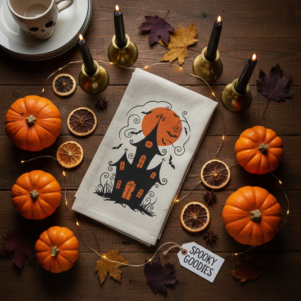 Halloween spooky kitchen flat lay with Dead and Breakfast Inn dish towel